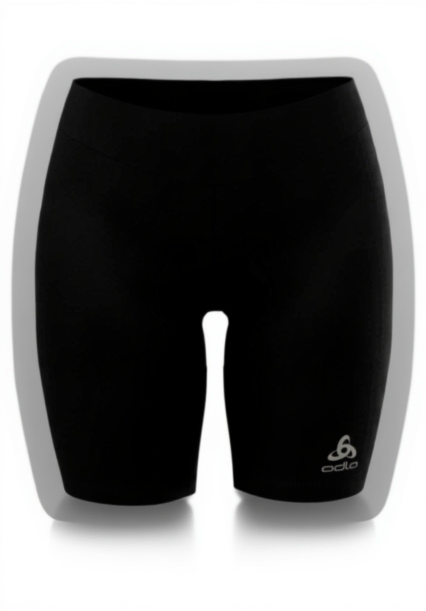 Donna in bicicletta con pantaloncini Odlo Essentials Eco su percorso urbano