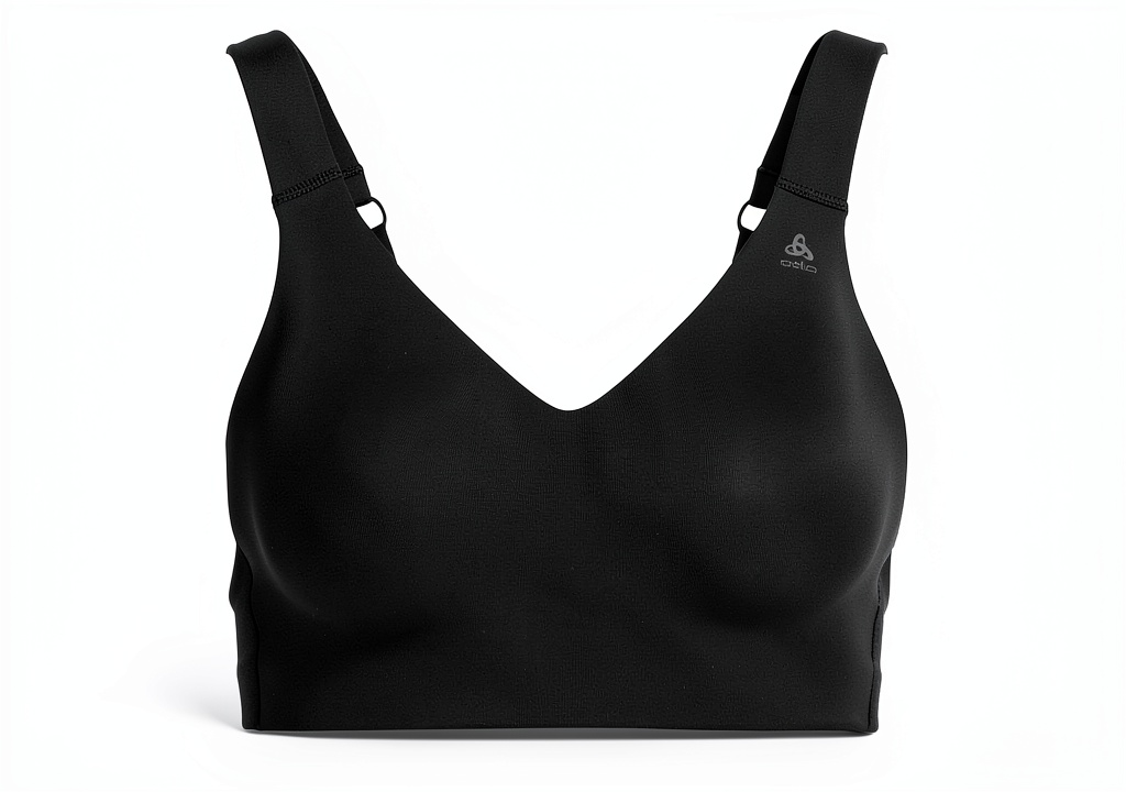 Reggiseno sportivo Odlo Donna High Support Nero Nude indossato in una palestra moderna